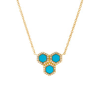 Turquoise Prism Hive Necklace: 14K gold necklace with a hive-looking pendant featuring three prism turquoise stones outlined by diamonds on a white background
