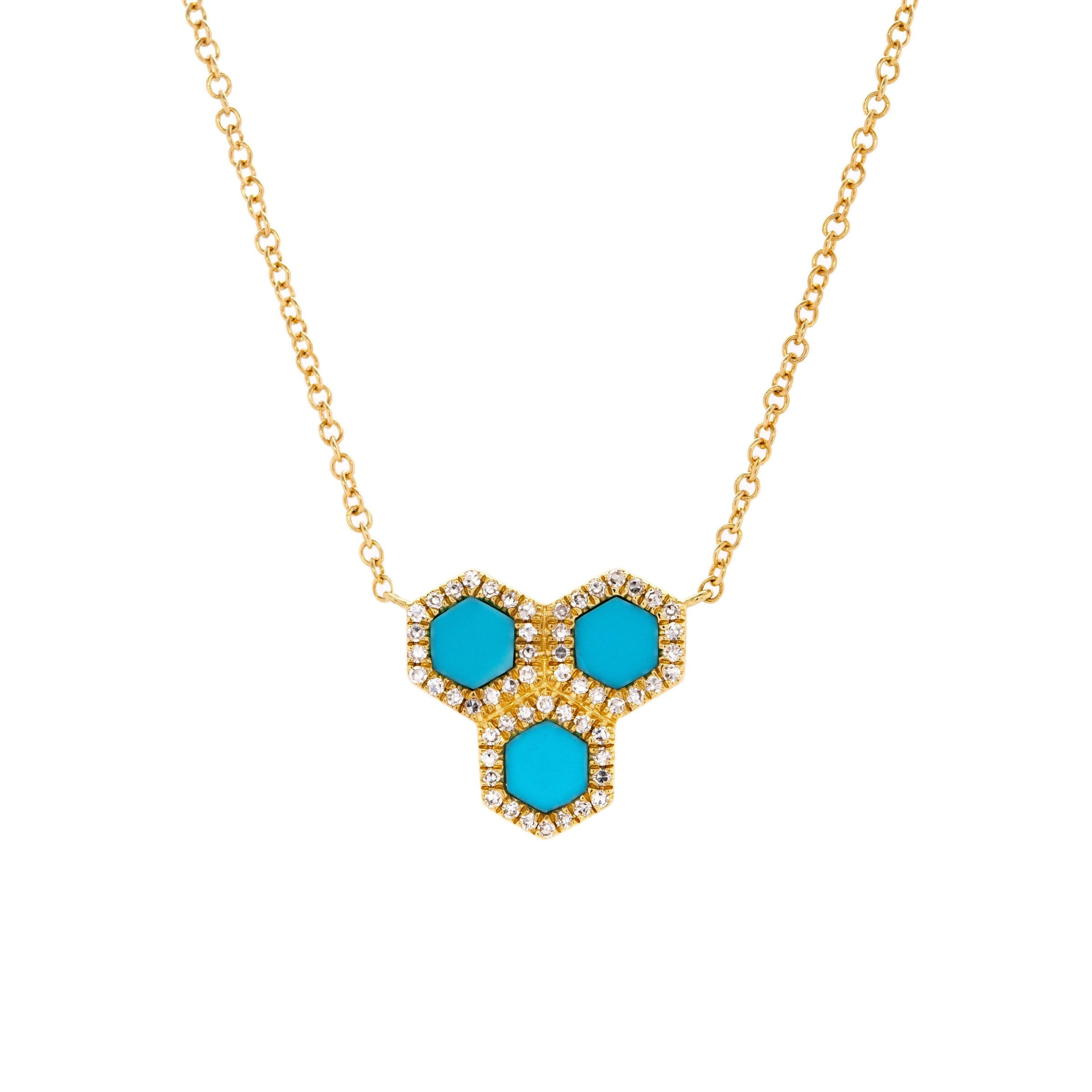 Turquoise Prism Hive Necklace: 14K gold necklace with a hive-looking pendant featuring three prism turquoise stones outlined by diamonds on a white background
