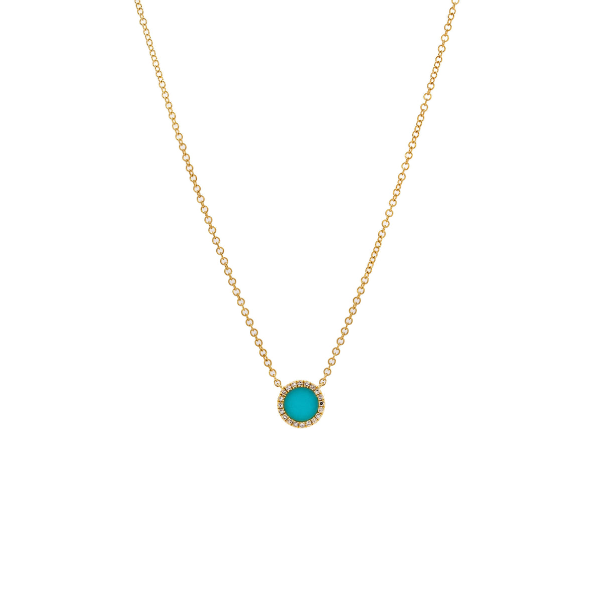 Turquoise Round Necklace: 14K Gold necklace with a round turquoise pendant outlined by diamonds on a white background