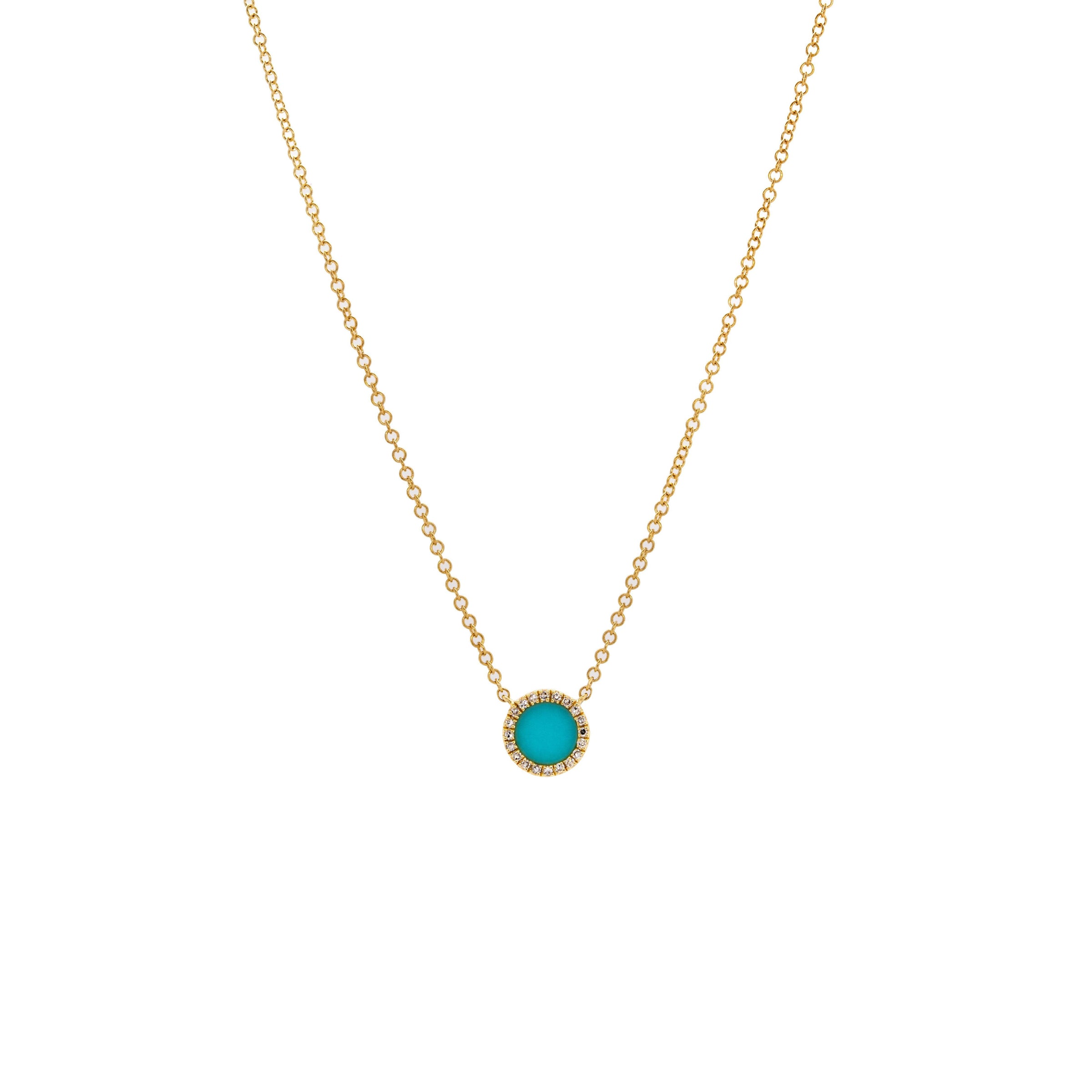 Turquoise Round Necklace: 14K Gold necklace with a round turquoise pendant outlined by diamonds on a white background