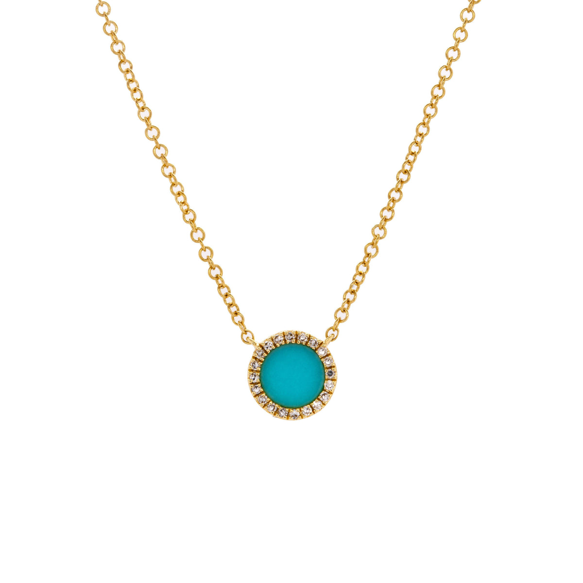 Turquoise Round Necklace: 14K Gold necklace with a round turquoise pendant outlined by diamonds on a white background