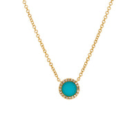 Turquoise Round Necklace: 14K Gold necklace with a round turquoise pendant outlined by diamonds on a white background