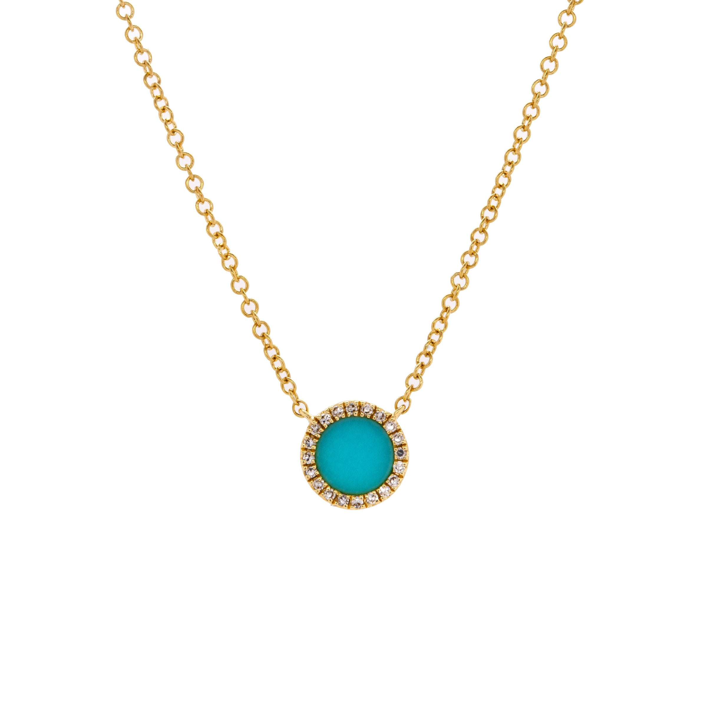 Turquoise Round Necklace: 14K Gold necklace with a round turquoise pendant outlined by diamonds on a white background