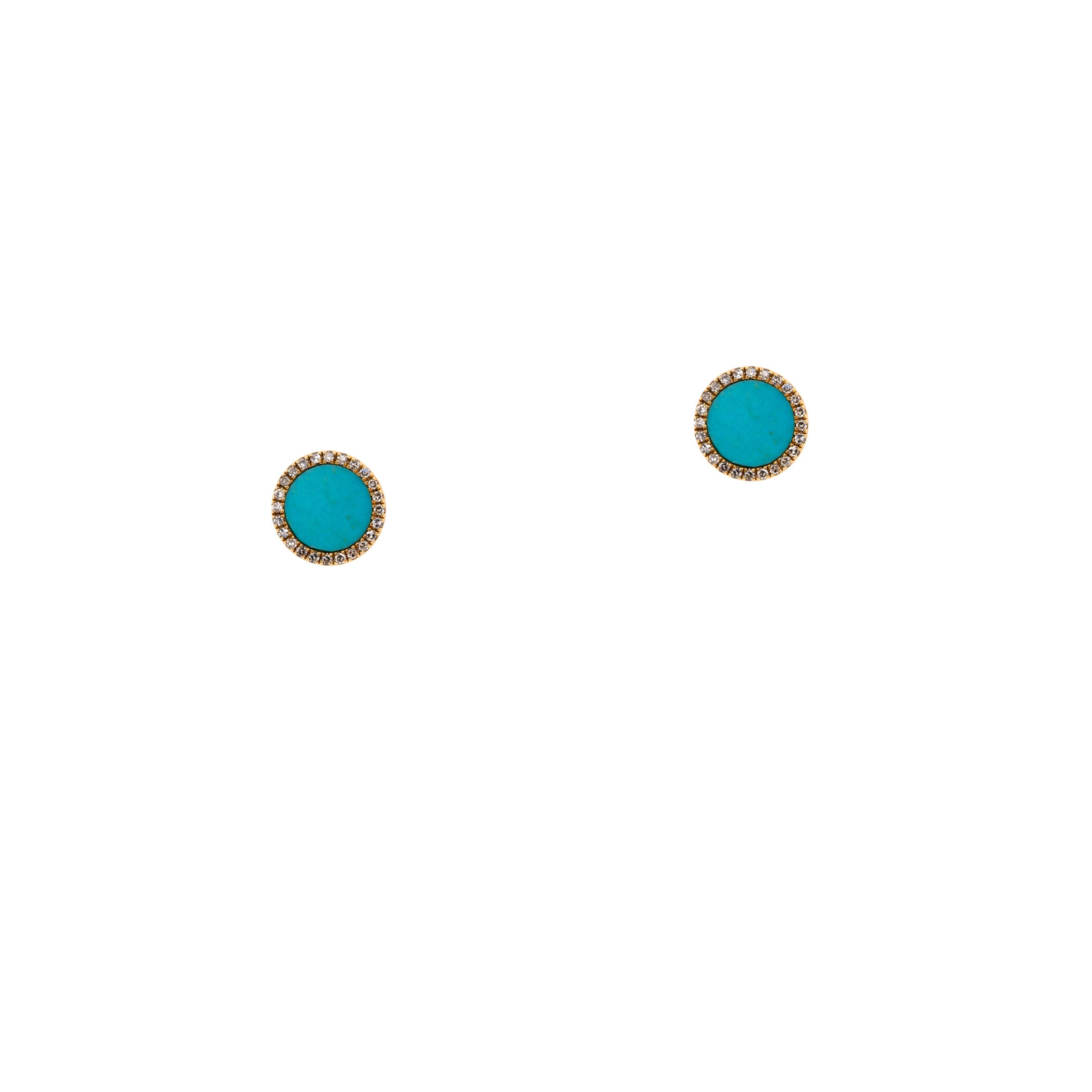 Turquoise Round Studs: Pair of 14K gold round turquoise center and diamond outlined stud earrings on a white background