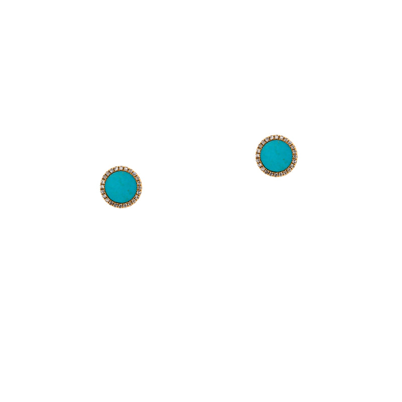 Turquoise Round Studs: Pair of 14K gold round turquoise center and diamond outlined stud earrings on a white background