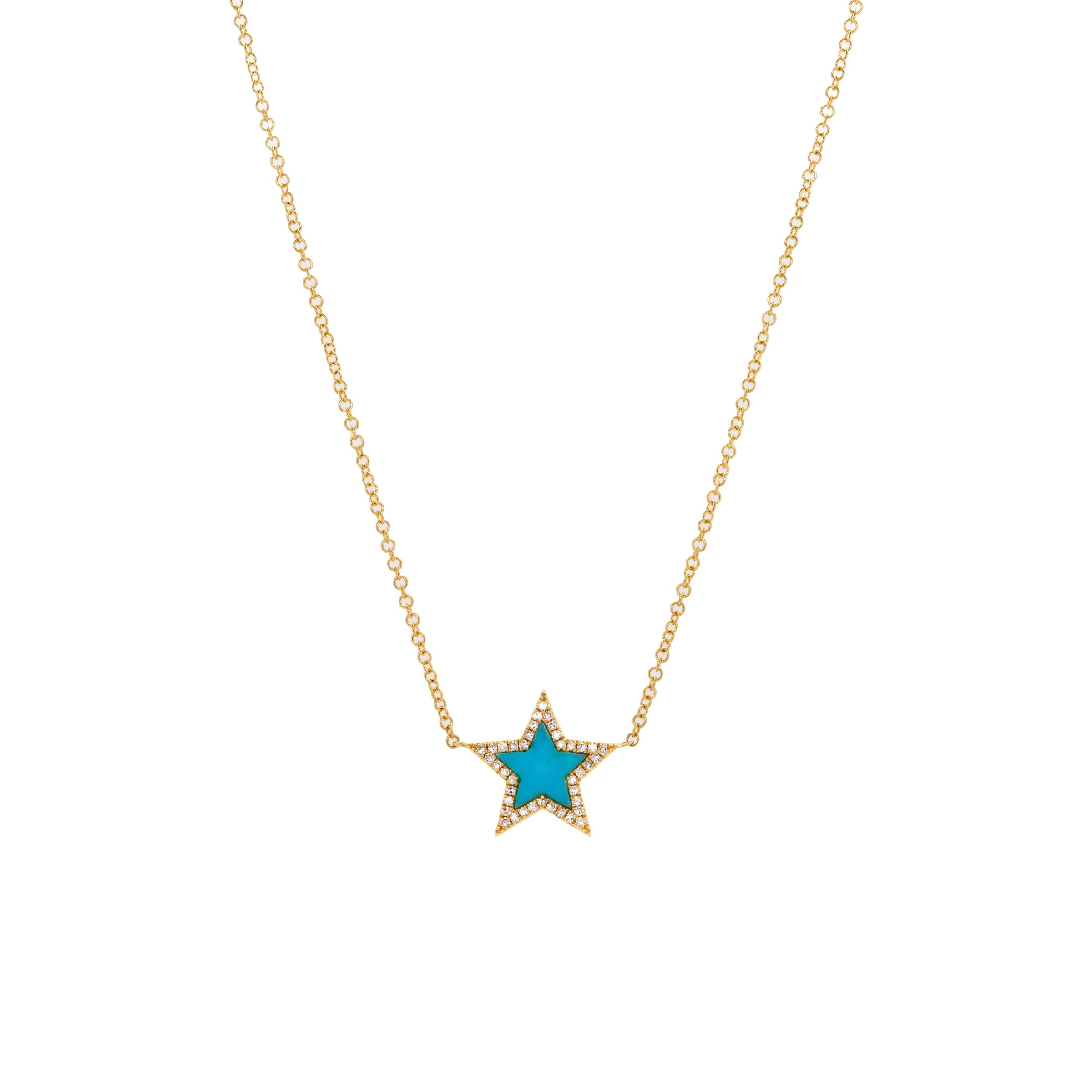 Turquoise Star Necklace : 14K gold star-shaped turquoise outlined by diamonds pendant necklace on a white background