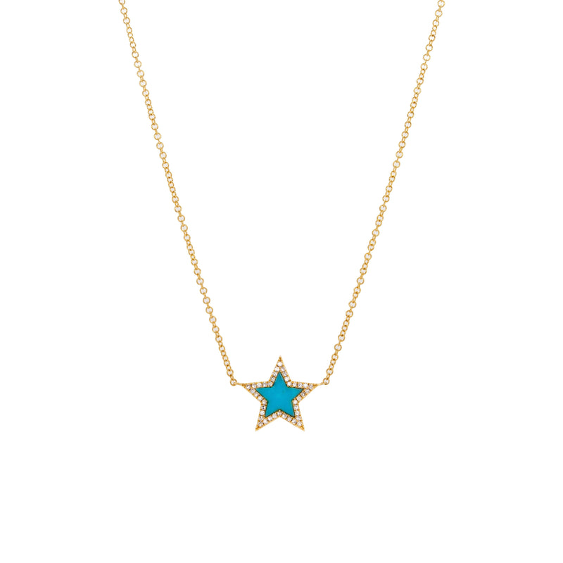 Turquoise Star Necklace : 14K gold star-shaped turquoise outlined by diamonds pendant necklace on a white background