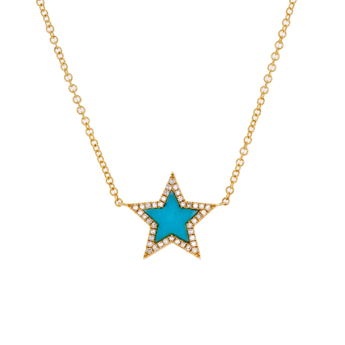 Turquoise Star Necklace : 14K gold star-shaped turquoise outlined by diamonds pendant necklace on a white background