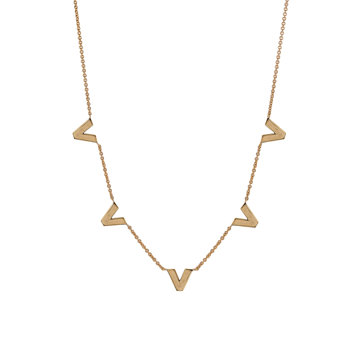 Venus Necklace: The Matte side of the 14K yellow gold chain necklace with a lobster clasp fastening, featuring geometric shaped pendant links.