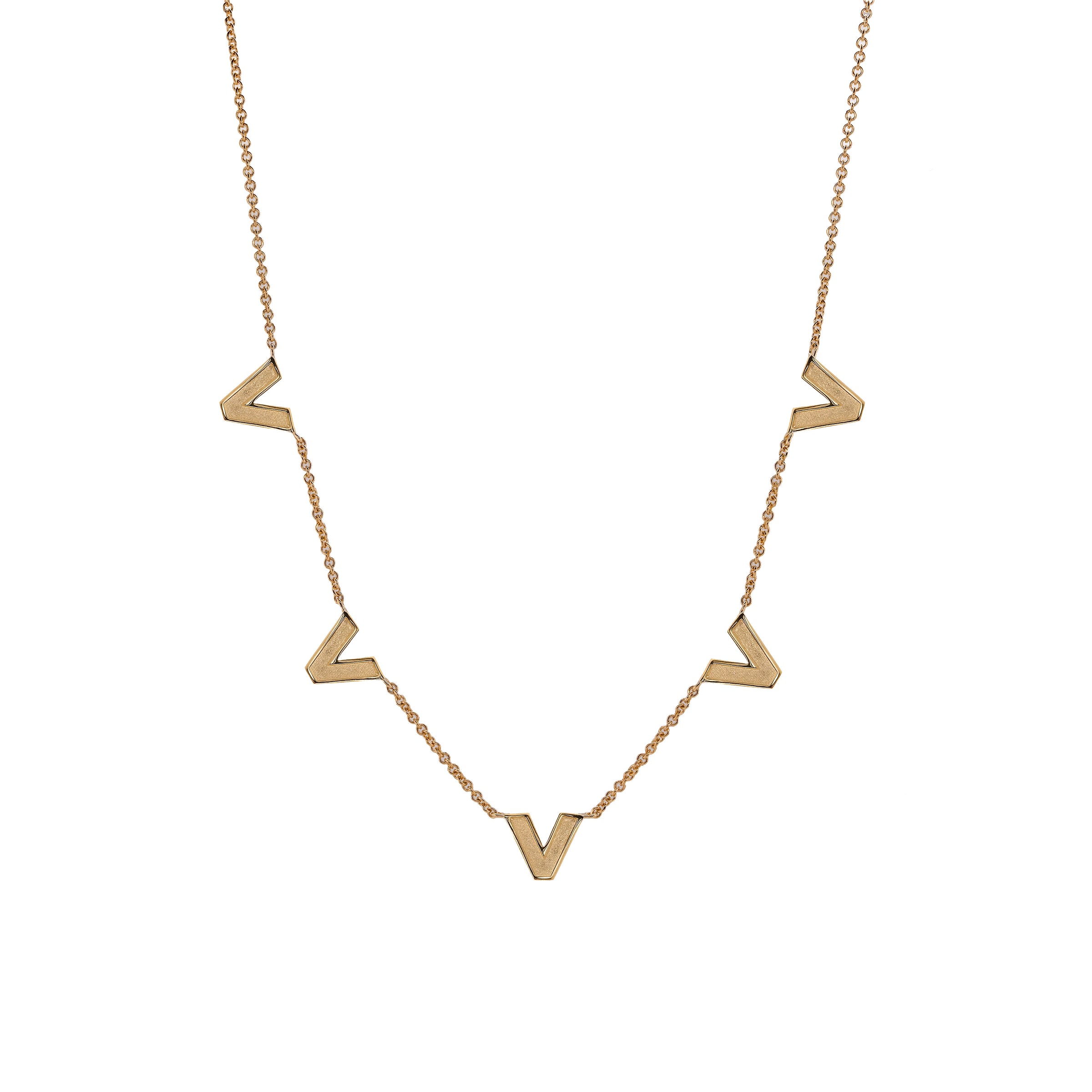 Venus Necklace: The Matte side of the 14K yellow gold chain necklace with a lobster clasp fastening, featuring geometric shaped pendant links.