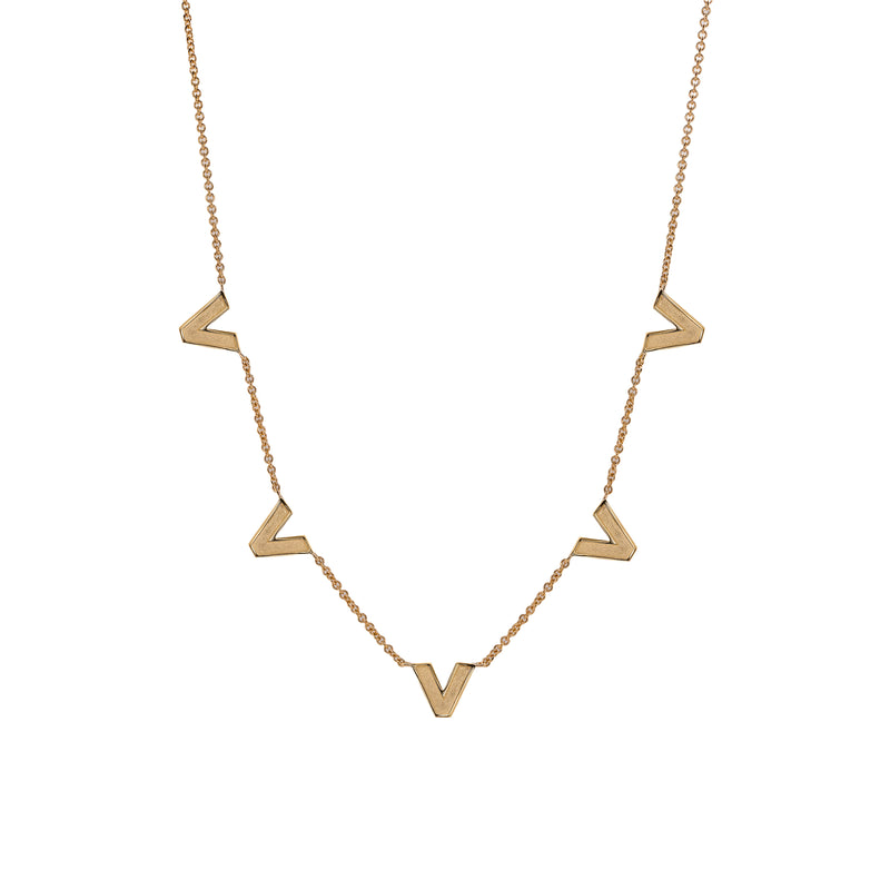 Venus Necklace: The Matte side of the 14K yellow gold chain necklace with a lobster clasp fastening, featuring geometric shaped pendant links.