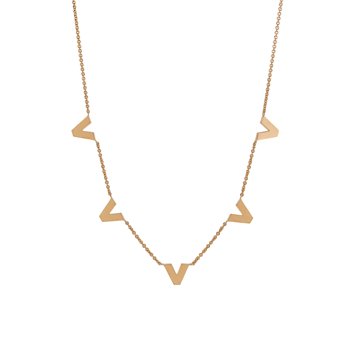Venus Necklace: The Shiny side of the 14K yellow gold chain necklace with a lobster clasp fastening, featuring geometric shaped pendant links.
