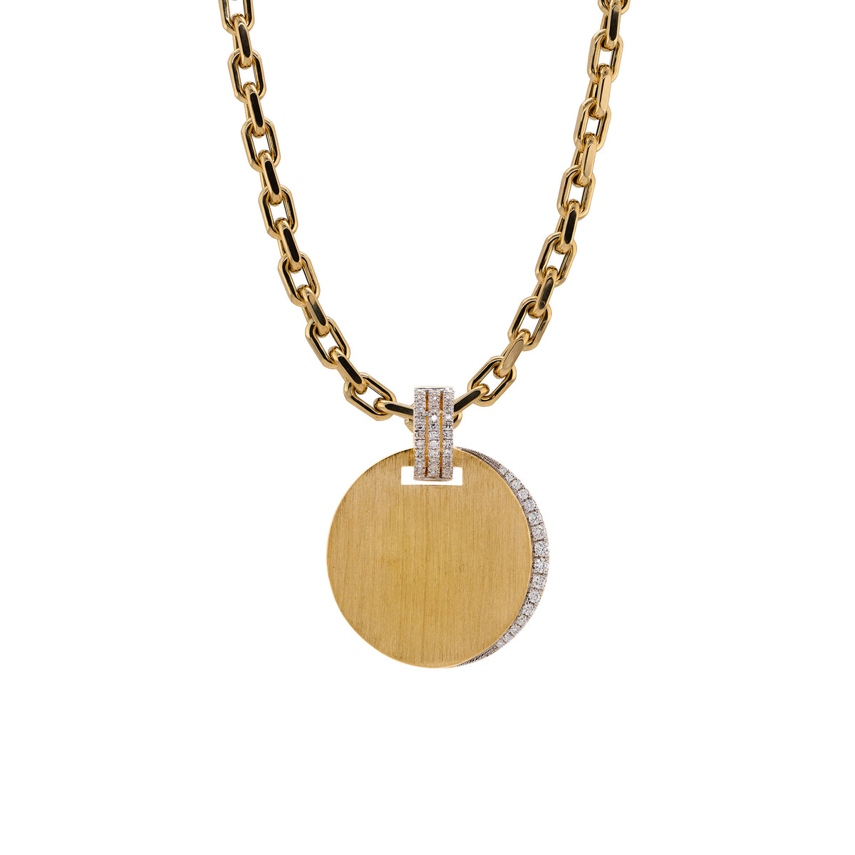 White Diamond Eclipse Necklace: A 14K gold pendant with a diamond-encrusted edge on a gold chain.