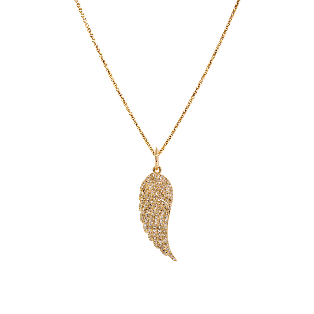 White Diamond Wing Necklace: A gold diamond pendant in the shape of a wing, suspended from a gold chain.