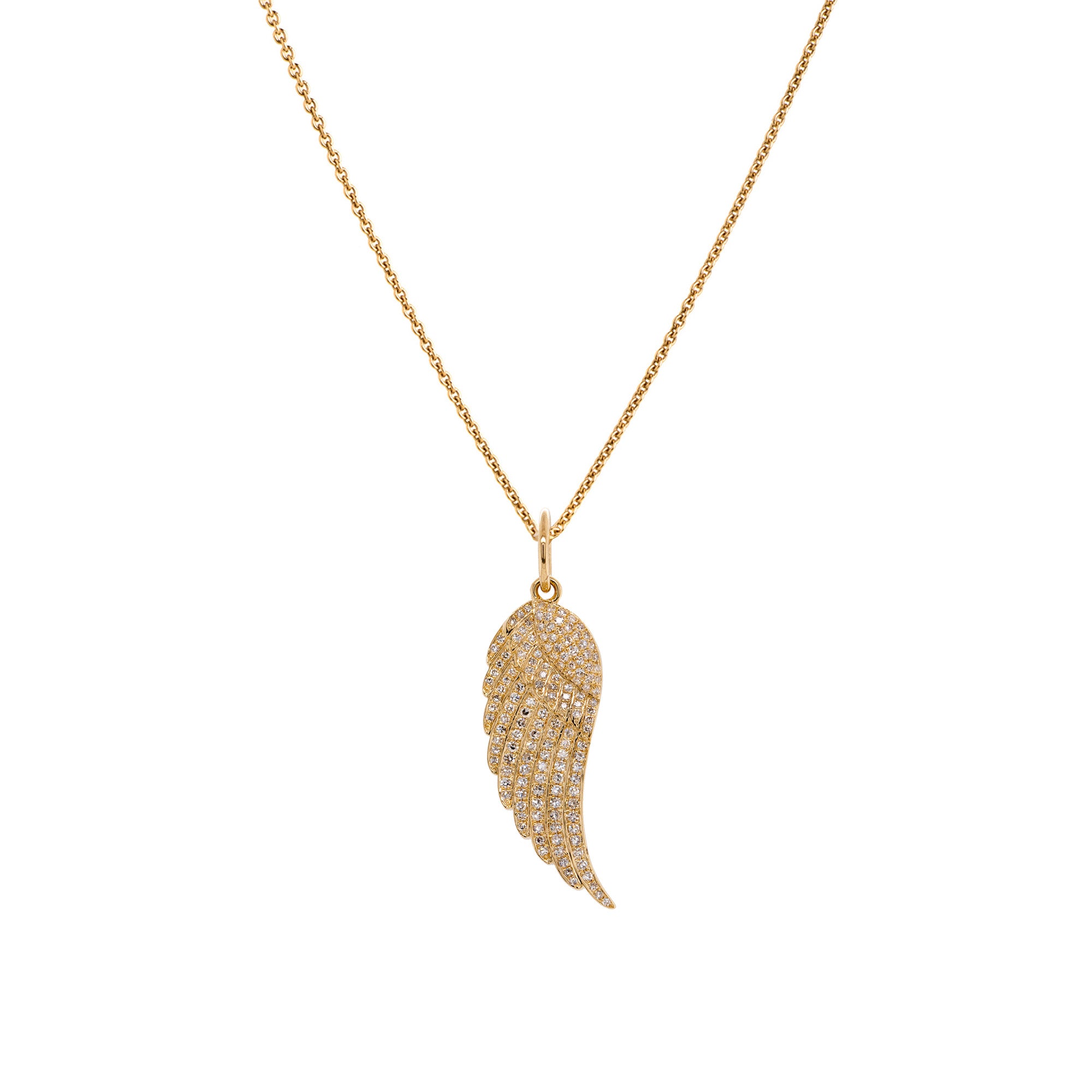 White Diamond Wing Necklace: A gold diamond pendant in the shape of a wing, suspended from a gold chain.