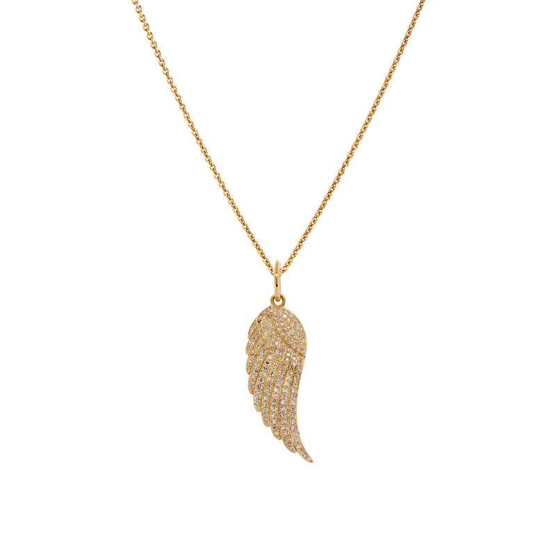 White Diamond Wing Necklace: A gold diamond pendant in the shape of a wing, suspended from a gold chain.