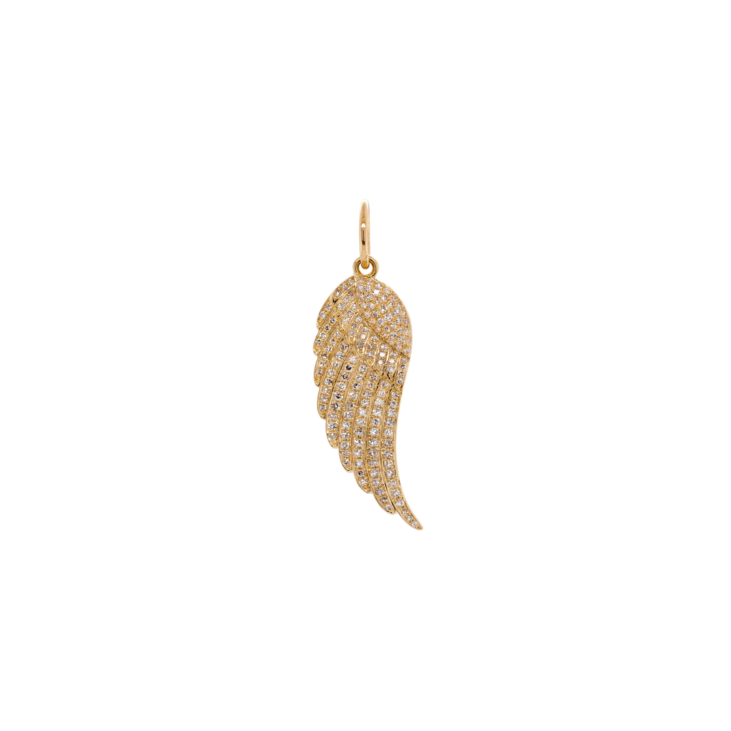 White Diamond Wing Pendant: A gold diamond pendant in the shape of a wing