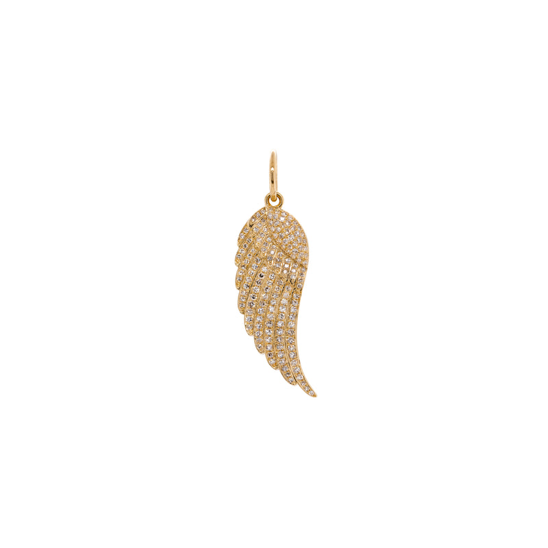 White Diamond Wing Pendant: A gold diamond pendant in the shape of a wing