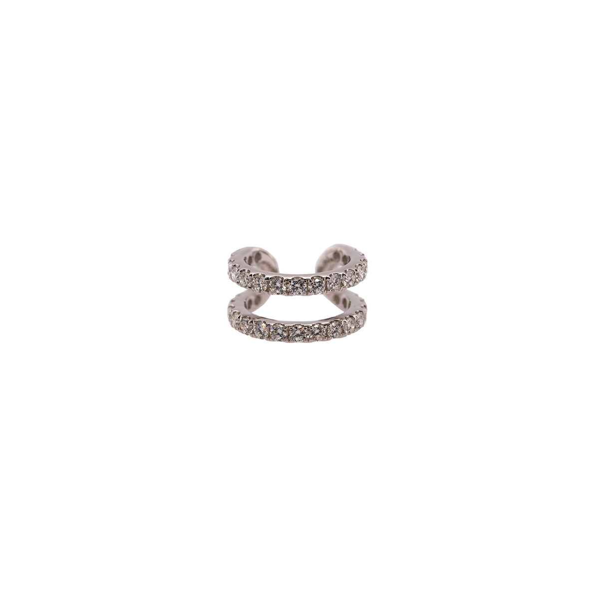 White Gold Open Bar Diamond Ear Cuff: A single 14K gold diamond ear cuff with an open bar design, featuring two rows of set diamonds.