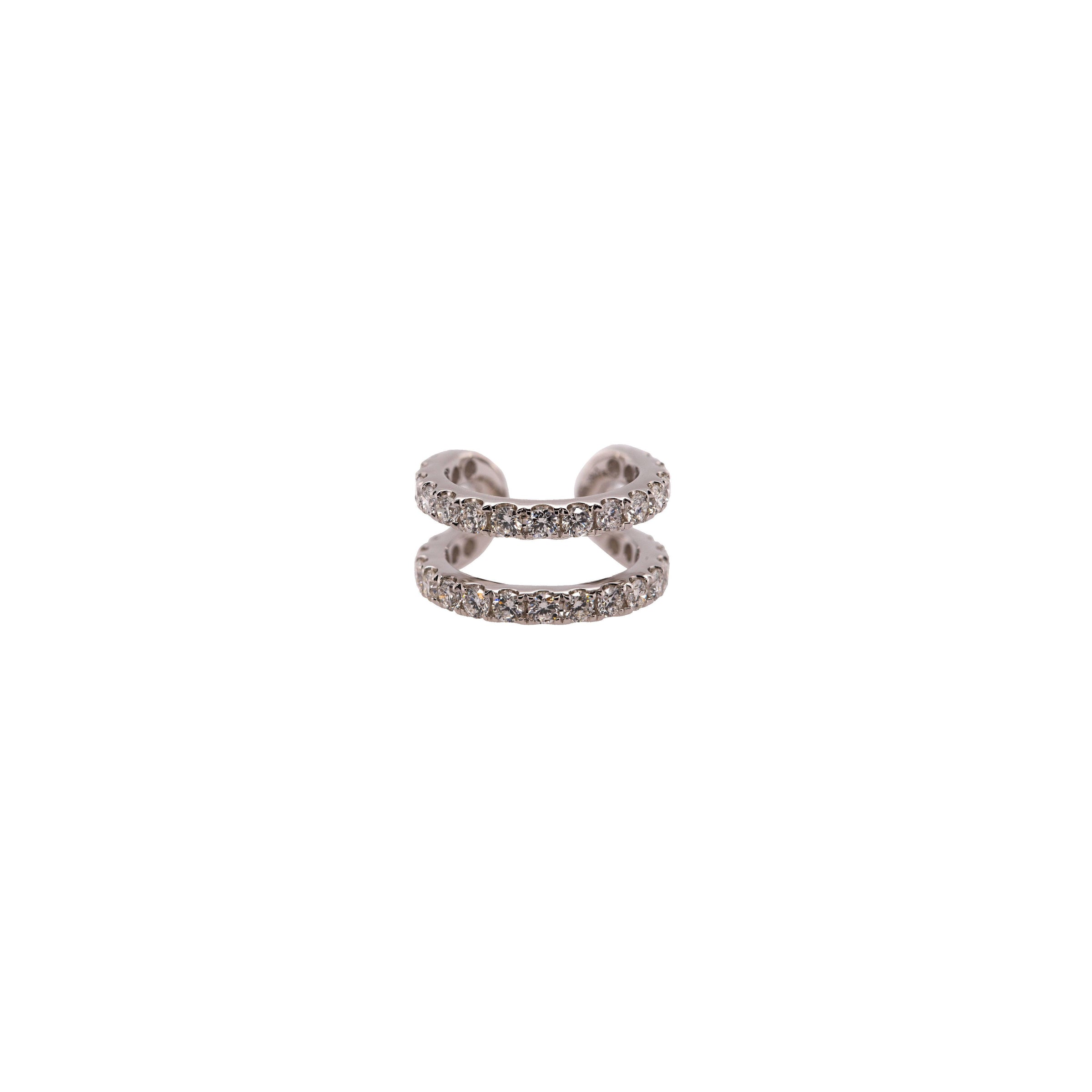 White Gold Open Bar Diamond Ear Cuff: A single 14K gold diamond ear cuff with an open bar design, featuring two rows of set diamonds.