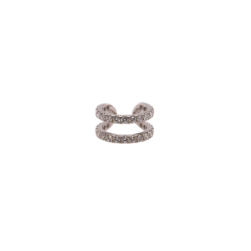 White Gold Open Bar Diamond Ear Cuff: A single 14K gold diamond ear cuff with an open bar design, featuring two rows of set diamonds.
