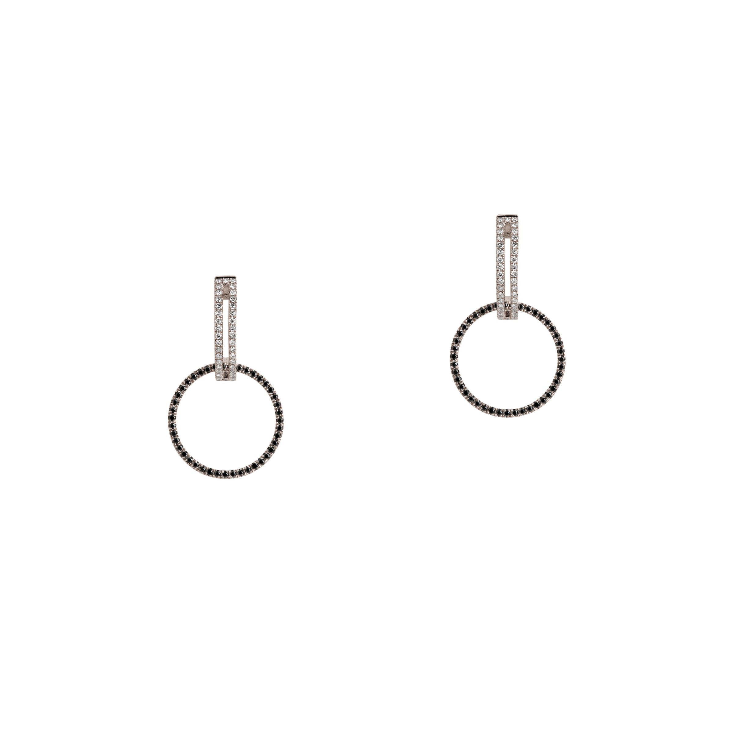 White Gold Open Bar Diamond Huggies w/ Reversible White & Black Diamond Round Extensions: A pair of 14K gold huggie earrings with extensions of one side featuring black diamonds and the other side featuring white diamonds