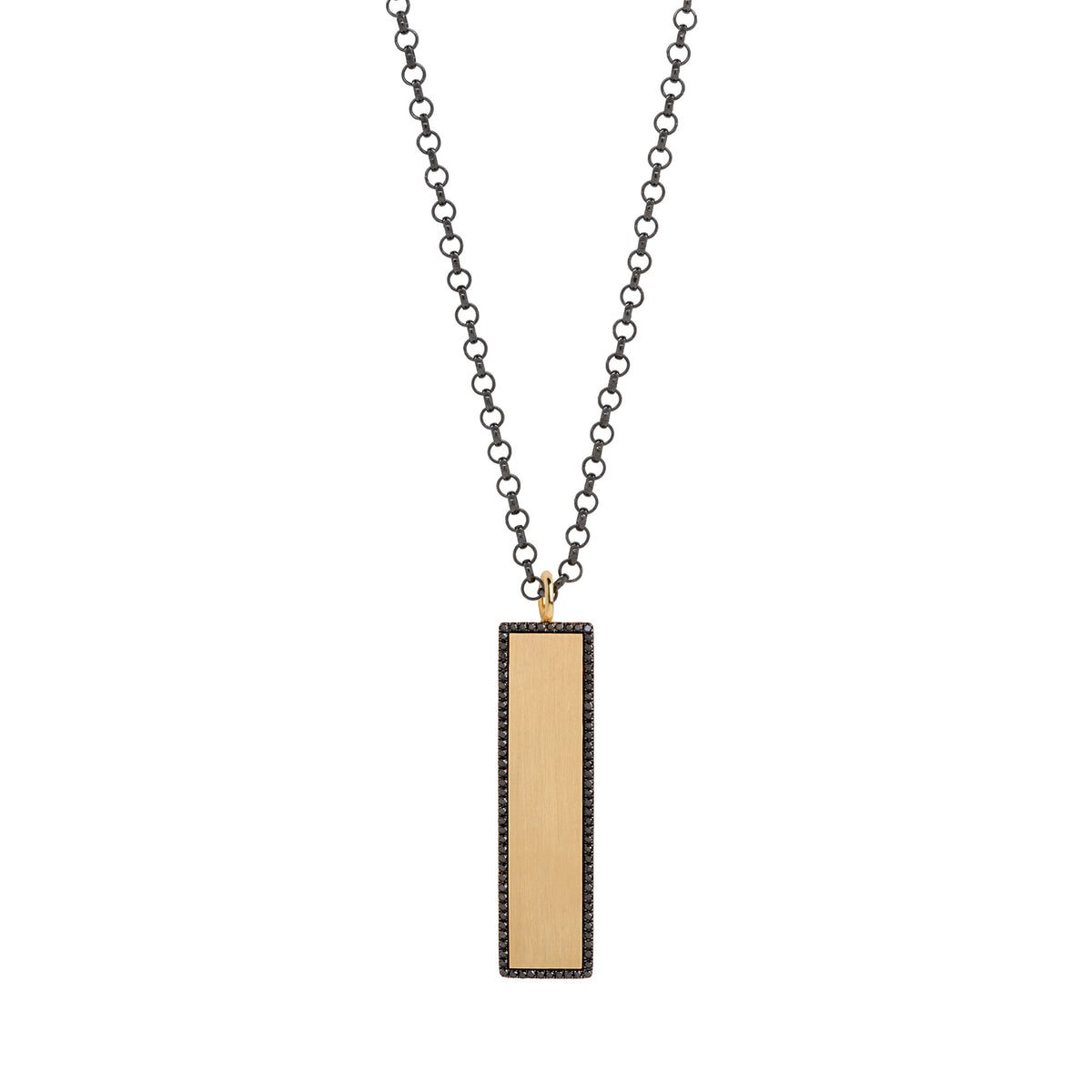 Yellow Gold Black Diamond Dog Tag Necklace: crafted in 14K gold with a chain, featuring a rectangular pendant with a black diamond-encrusted edge.