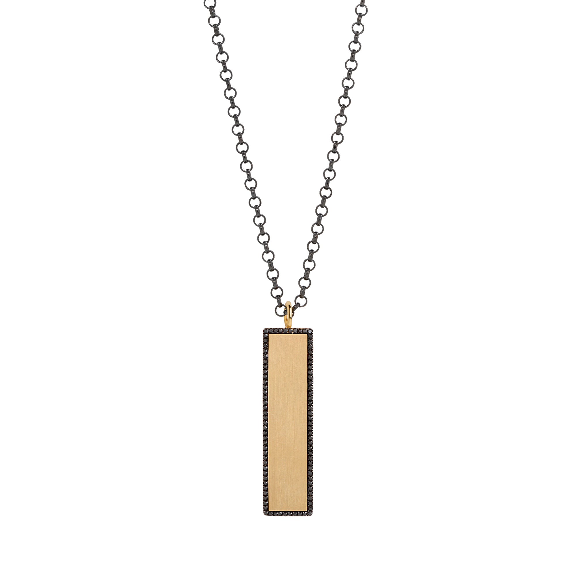 Yellow Gold Black Diamond Dog Tag Necklace: crafted in 14K gold with a chain, featuring a rectangular pendant with a black diamond-encrusted edge.