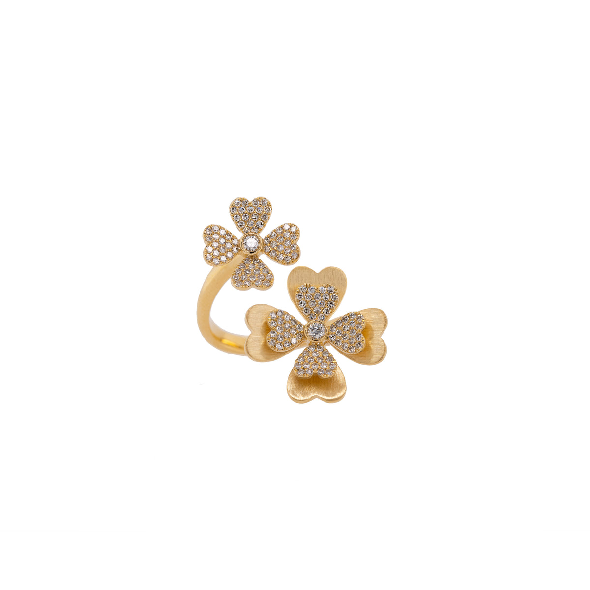 Yellow Gold Diamond Floral Ring: A 14K yellow gold diamond floral ring with two leaf-shaped settings containing diamonds.