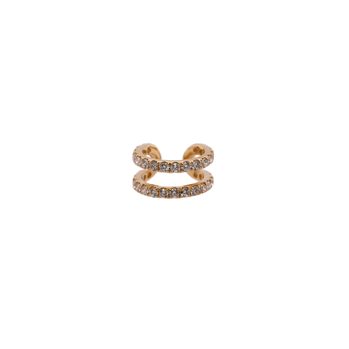 Yellow Gold Open Bar Diamond Ear Cuff: A single 14K gold diamond ear cuff with an open bar design, featuring two rows of set diamonds.
