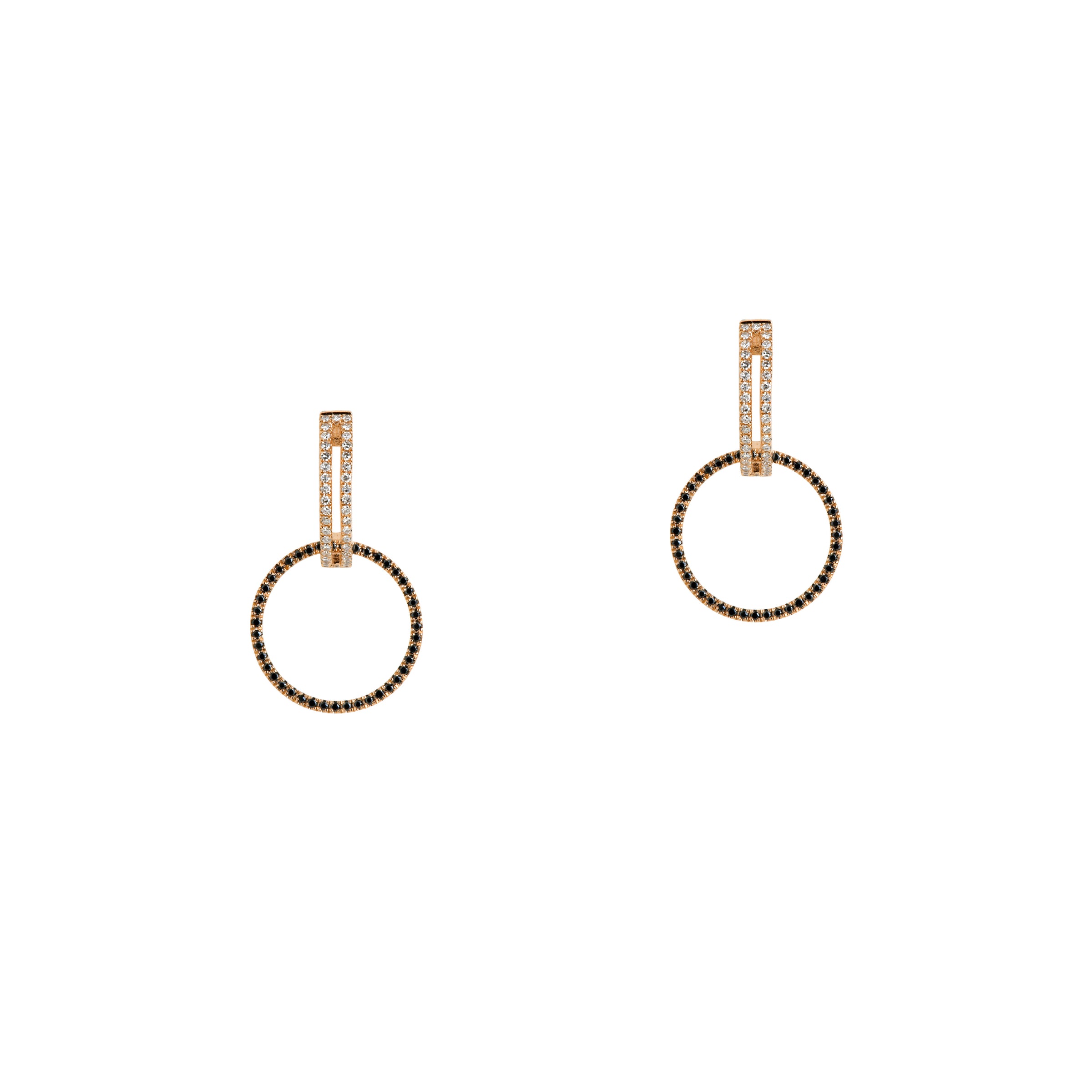 Yellow Gold Open Bar Diamond Huggies w/ Reversible White & Black Diamond Round Extensions: A pair of 14K gold huggie earrings with extensions of one side featuring black diamonds and the other side featuring white diamonds