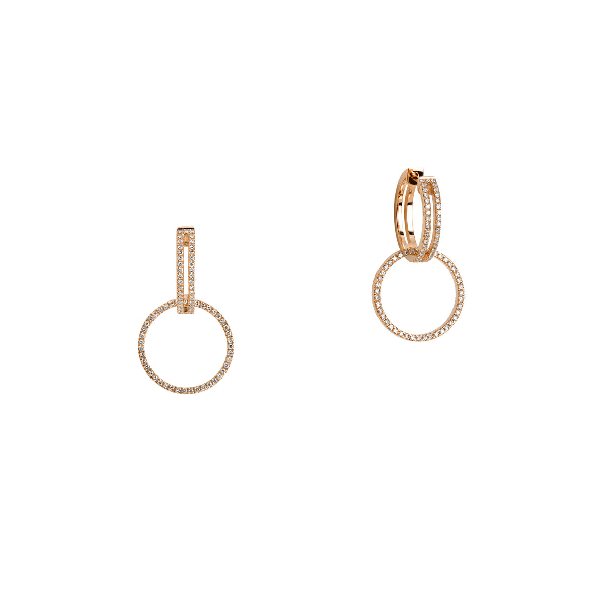 Yellow Gold Open Bar Diamond Huggies w/ Reversible White & Black Diamond Round Extensions: A pair of 14K gold huggie earrings with extensions of one side featuring black diamonds and the other side featuring white diamonds