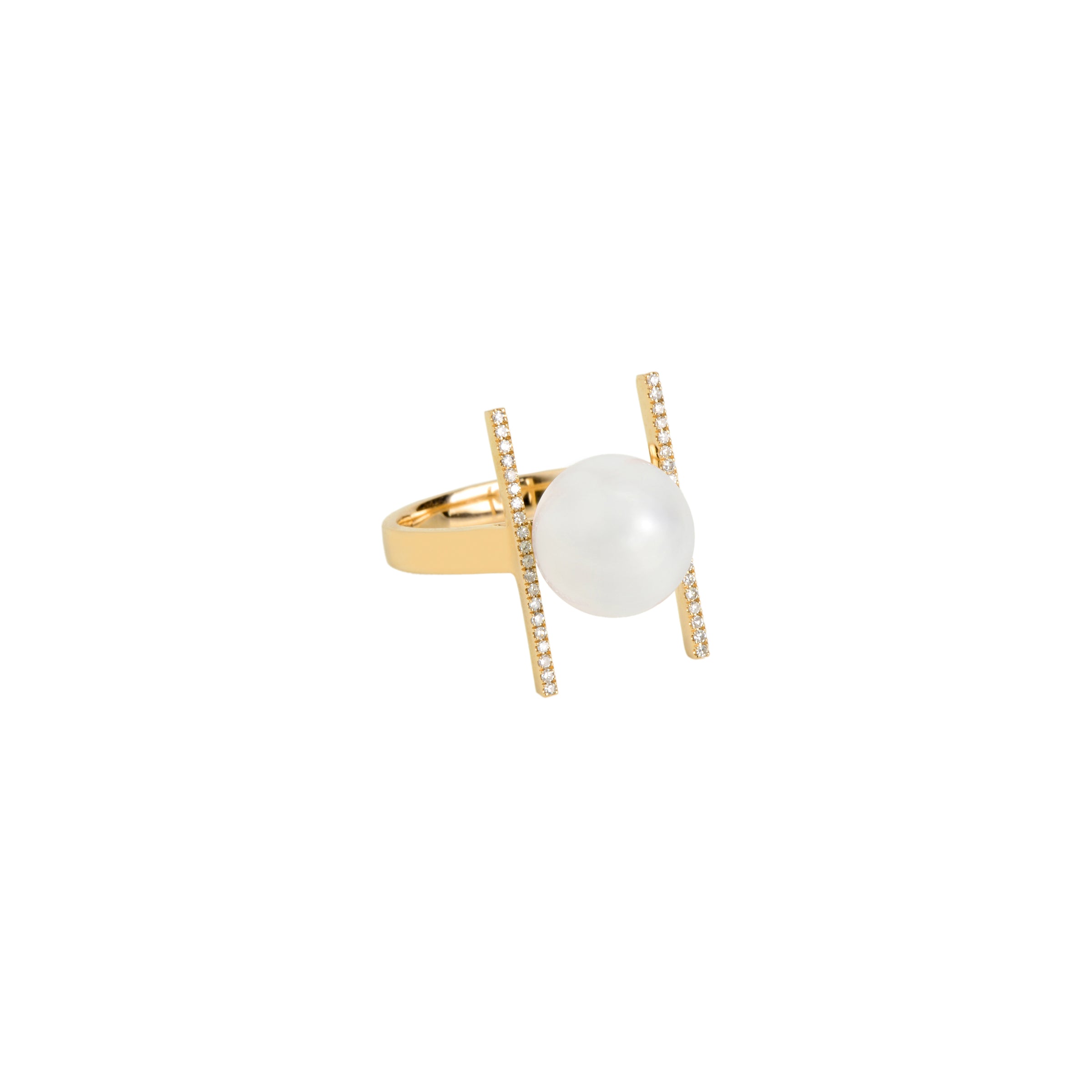 Yellow Gold Pearl with Diamond Bars Ring: A ring with a pearl in a gold band, surrounded by small diamonds set in the band.