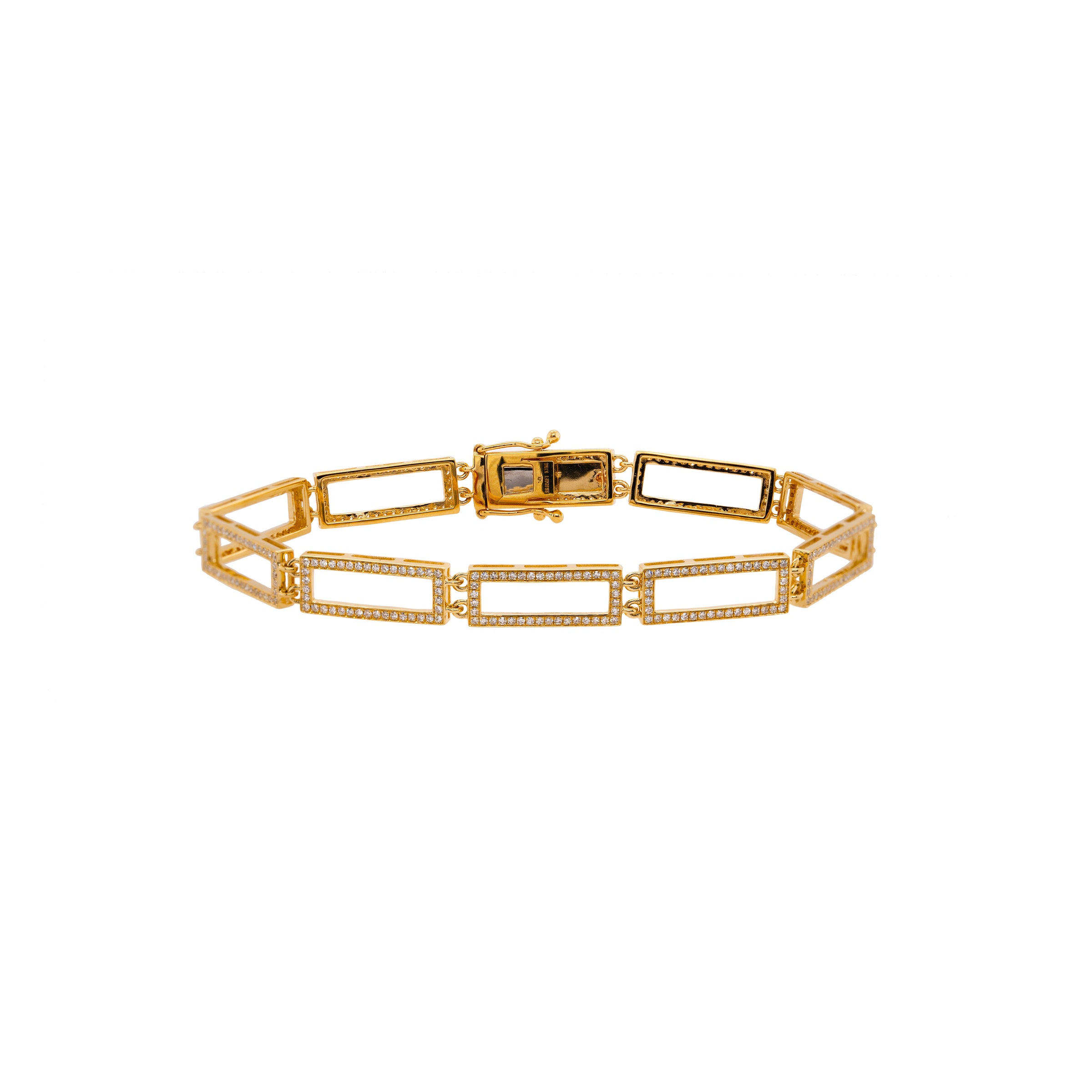 Yellow Gold Small Open Bar Tennis Bracelet: A 14K yellow gold bracelet with a small open bar design, featuring diamond weight of 0.90 carat and fastening with box clasp and double safety.