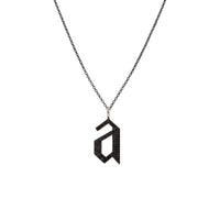 "a" Large Black Diamond Alphabet Necklace: A black gold diamond alphabet pendant with the letter 'a' with a chain