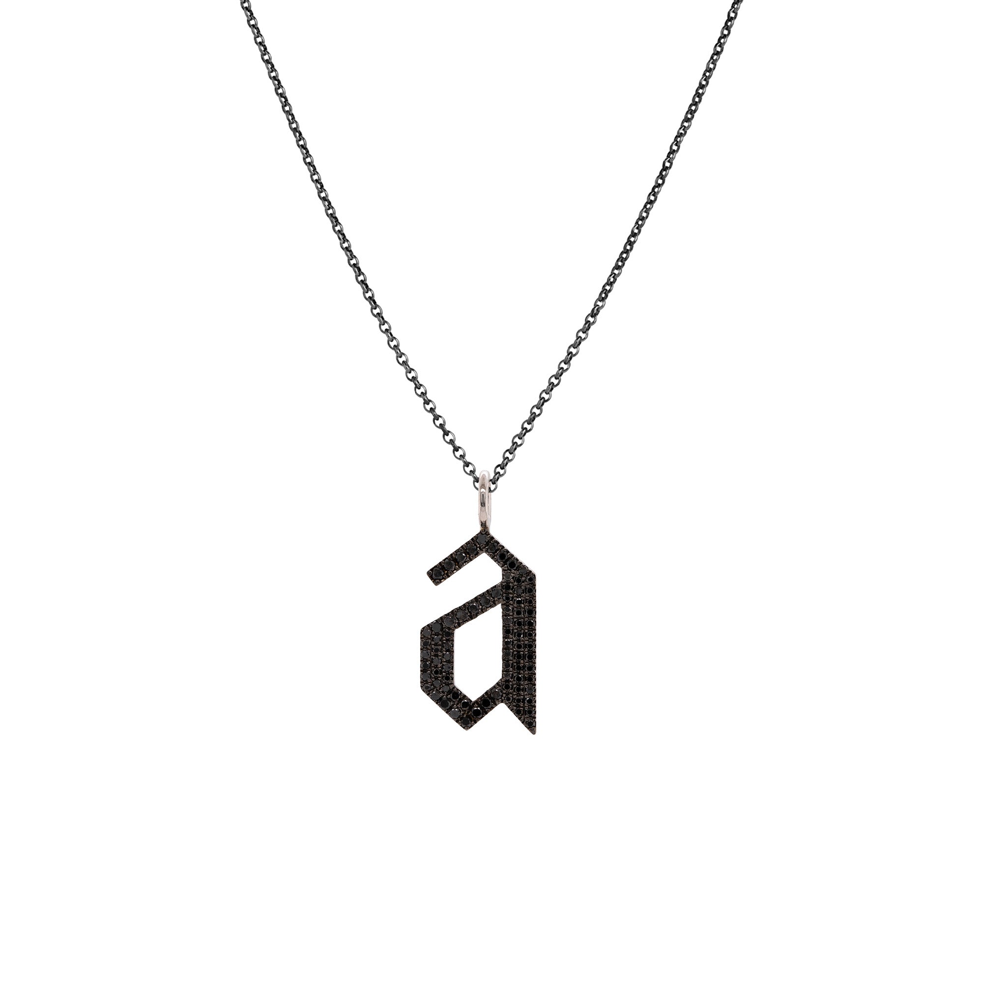 "a" Large Black Diamond Alphabet Necklace: A black gold diamond alphabet pendant with the letter 'a' with a chain