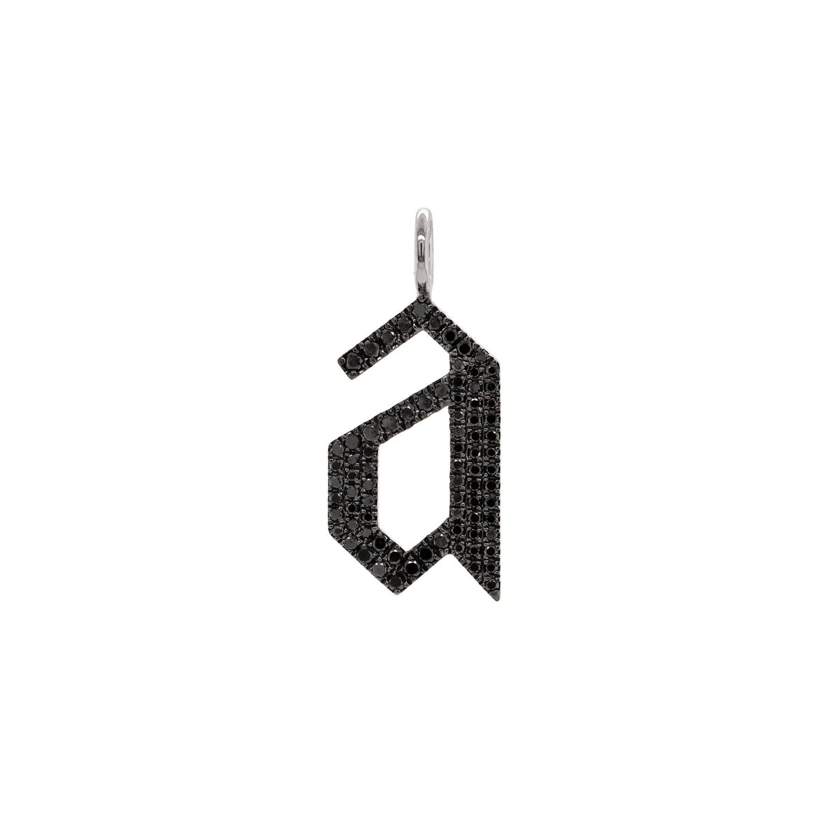 "a" Large Black Diamond Alphabet Pendant: A black gold diamond alphabet pendant with the letter 'a' with a chain