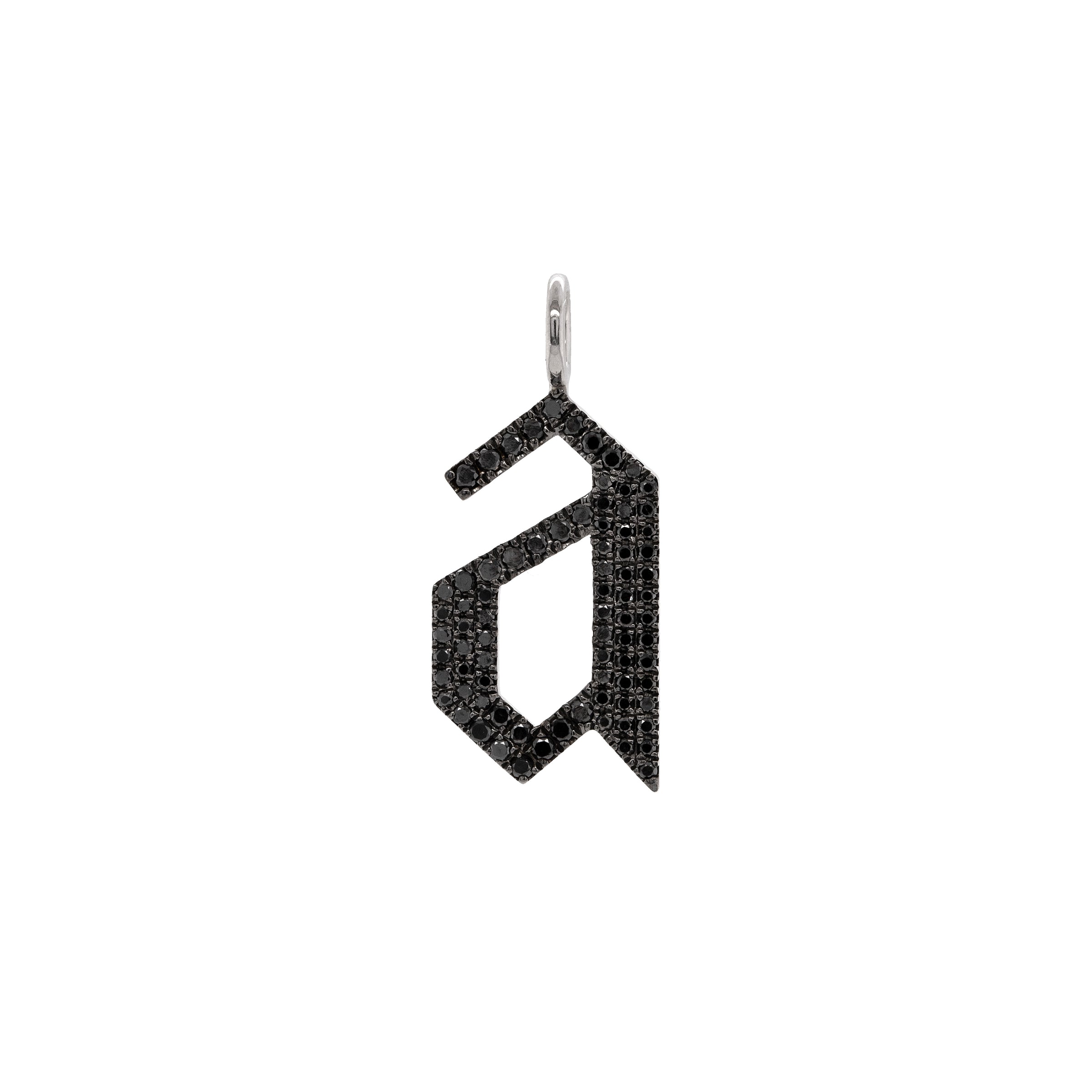 "a" Large Black Diamond Alphabet Pendant: A black gold diamond alphabet pendant with the letter 'a' with a chain