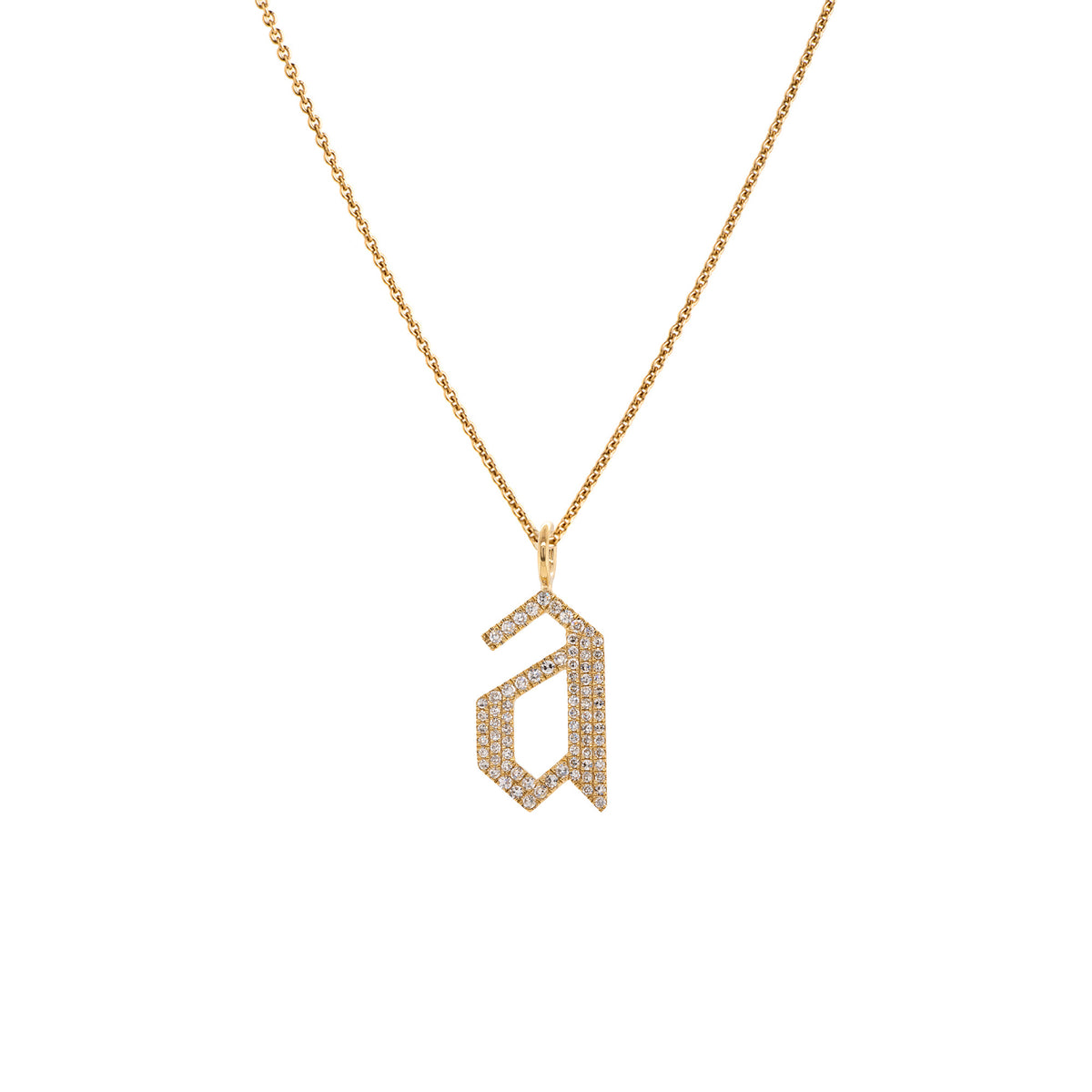 "a" Large White Diamond Alphabet Necklace: A 14K yellow gold diamond alphabet pendant with the letter 'a' with a chain