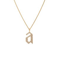 "a" Large White Diamond Alphabet Necklace: A 14K yellow gold diamond alphabet pendant with the letter 'a' with a chain