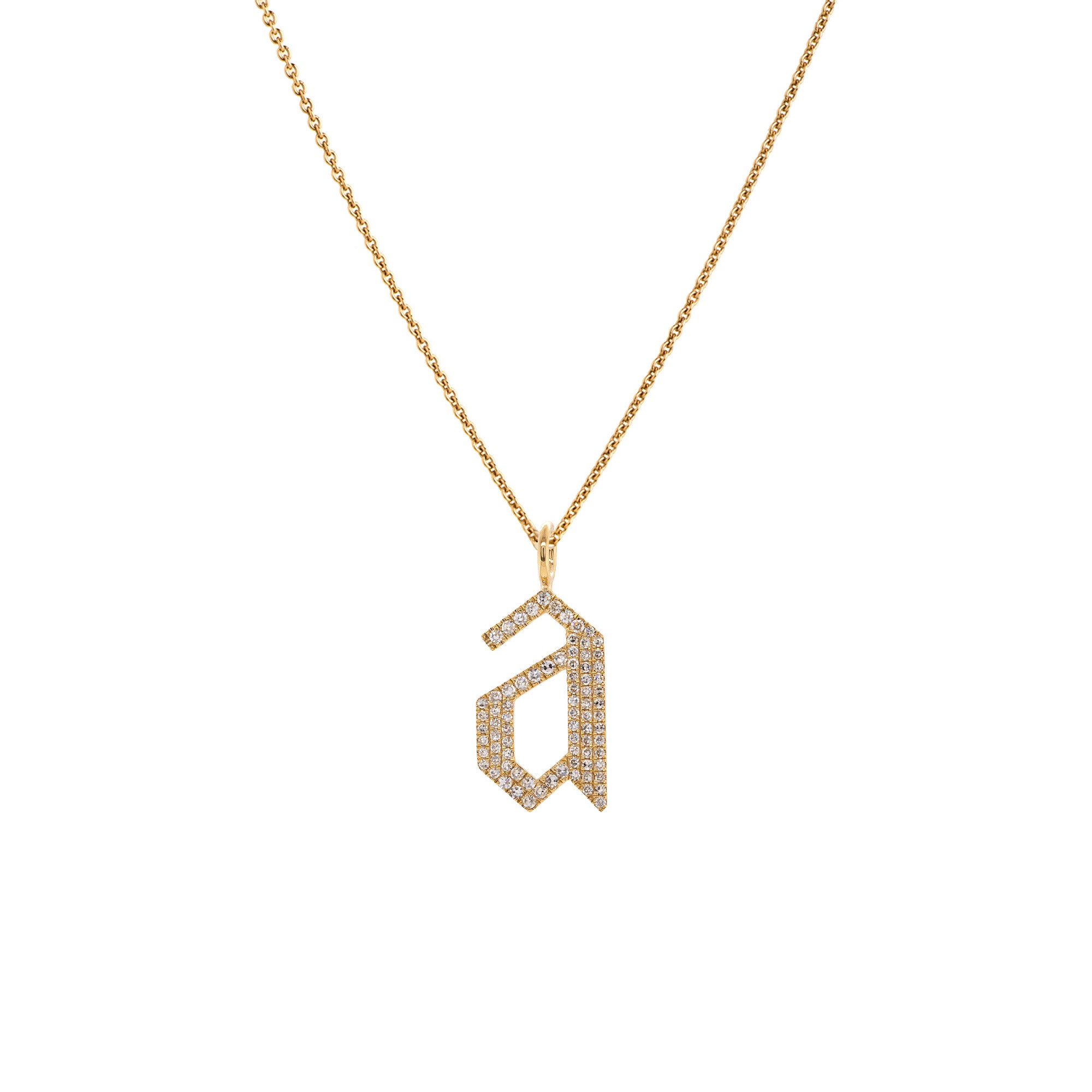 "a" Large White Diamond Alphabet Necklace: A 14K yellow gold diamond alphabet pendant with the letter 'a' with a chain