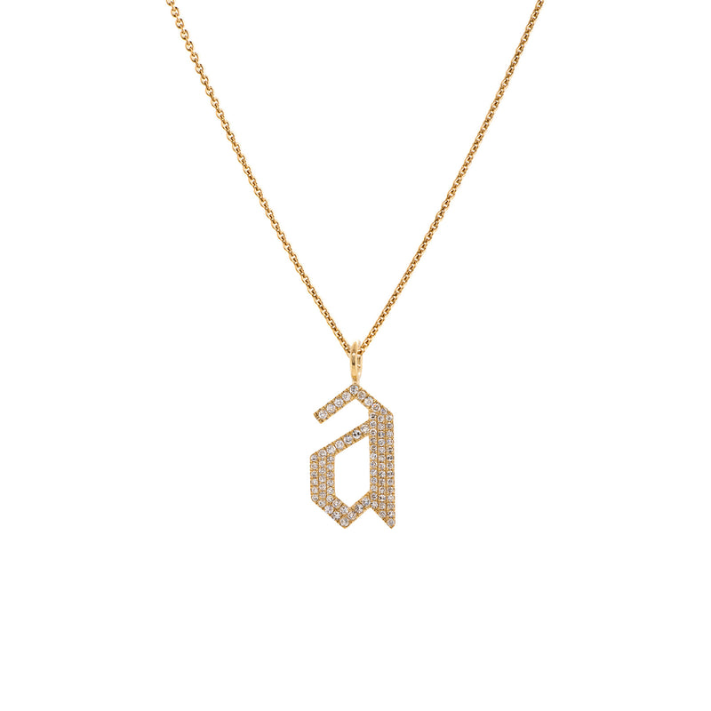 "a" Large White Diamond Alphabet Necklace: A 14K yellow gold diamond alphabet pendant with the letter 'a' with a chain