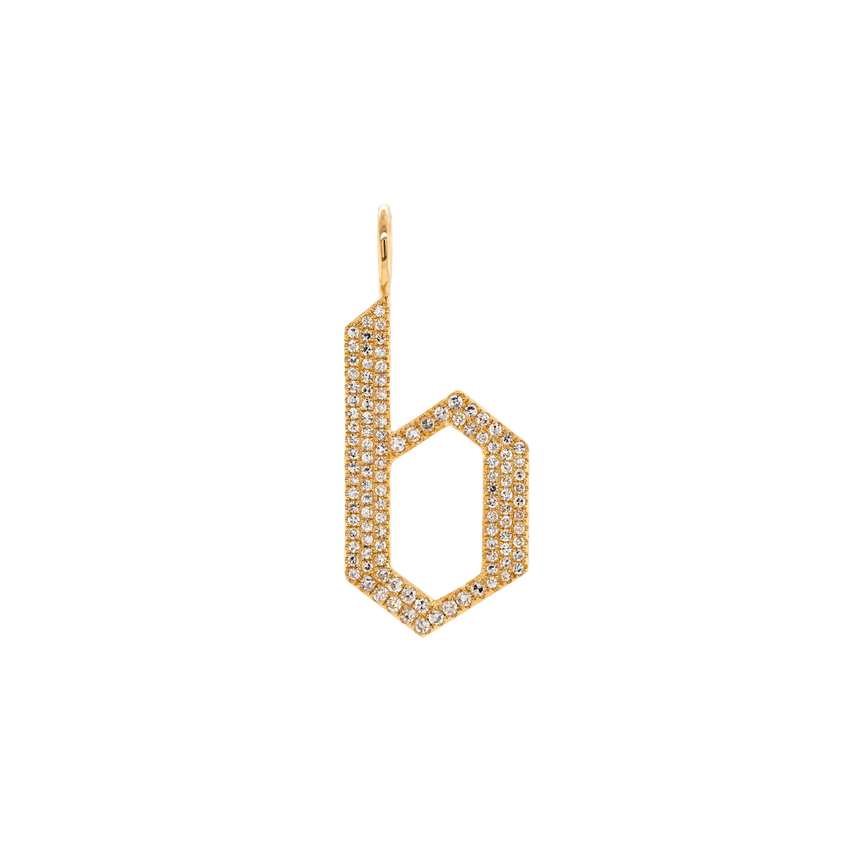 "b" Large White Diamond Alphabet Pendant: A 14K yellow gold diamond alphabet pendant with the letter 'b'