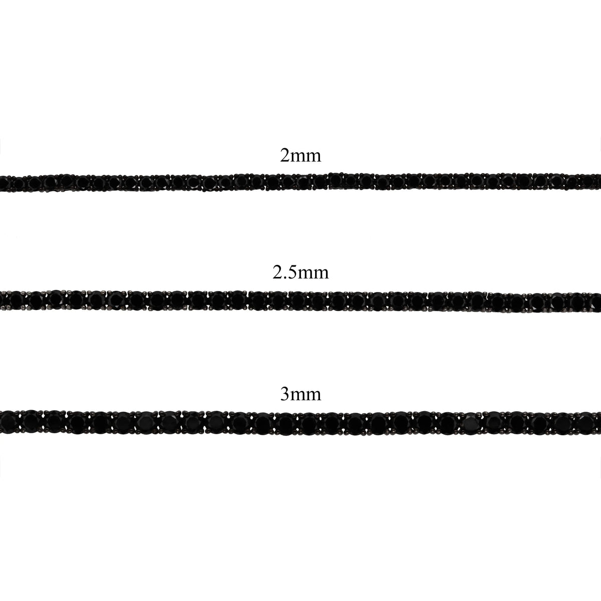 3 different sizes of black diamond tennis bracelets 