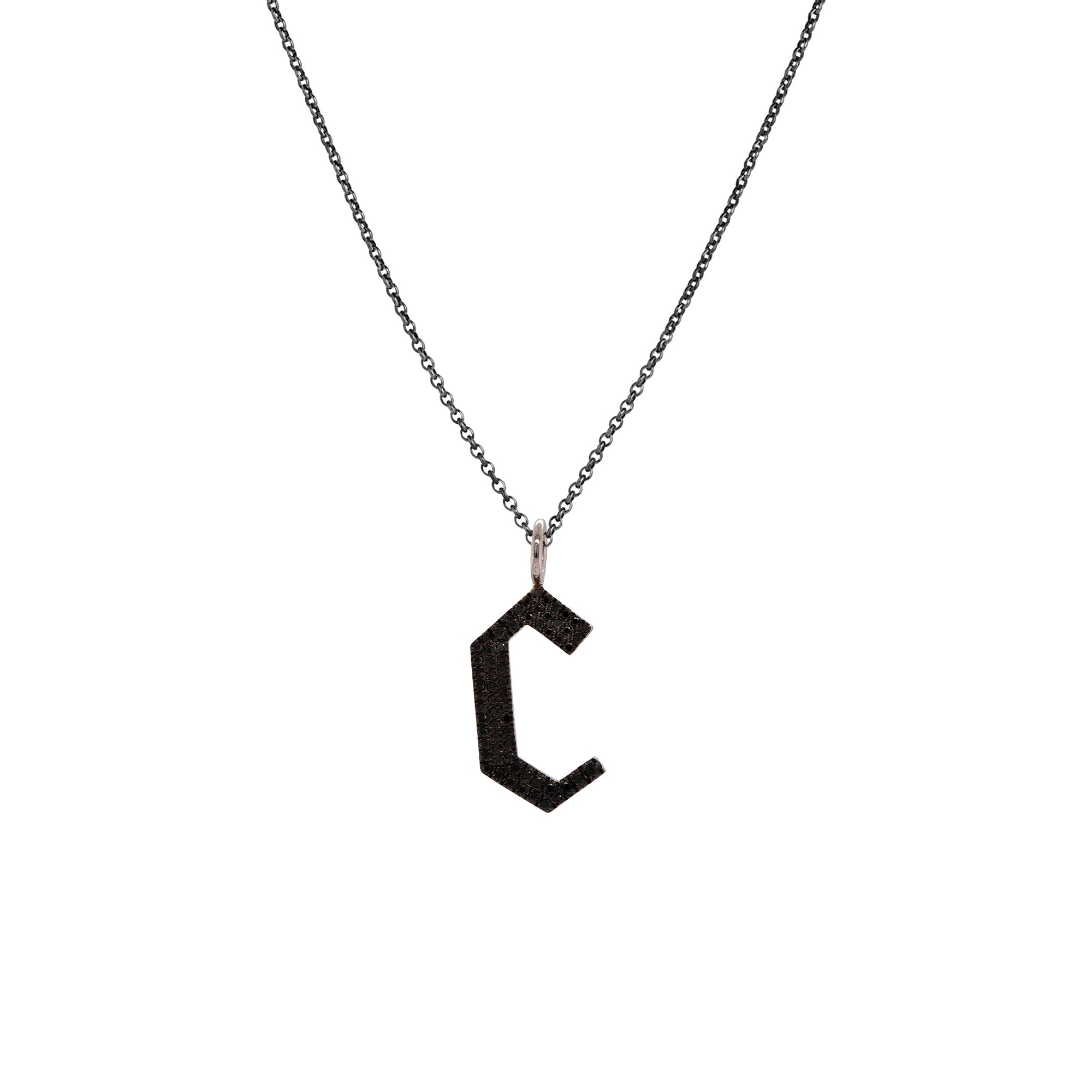"c" Large Black Diamond Alphabet Necklace: A black gold diamond alphabet pendant with the letter 'c' with a chain