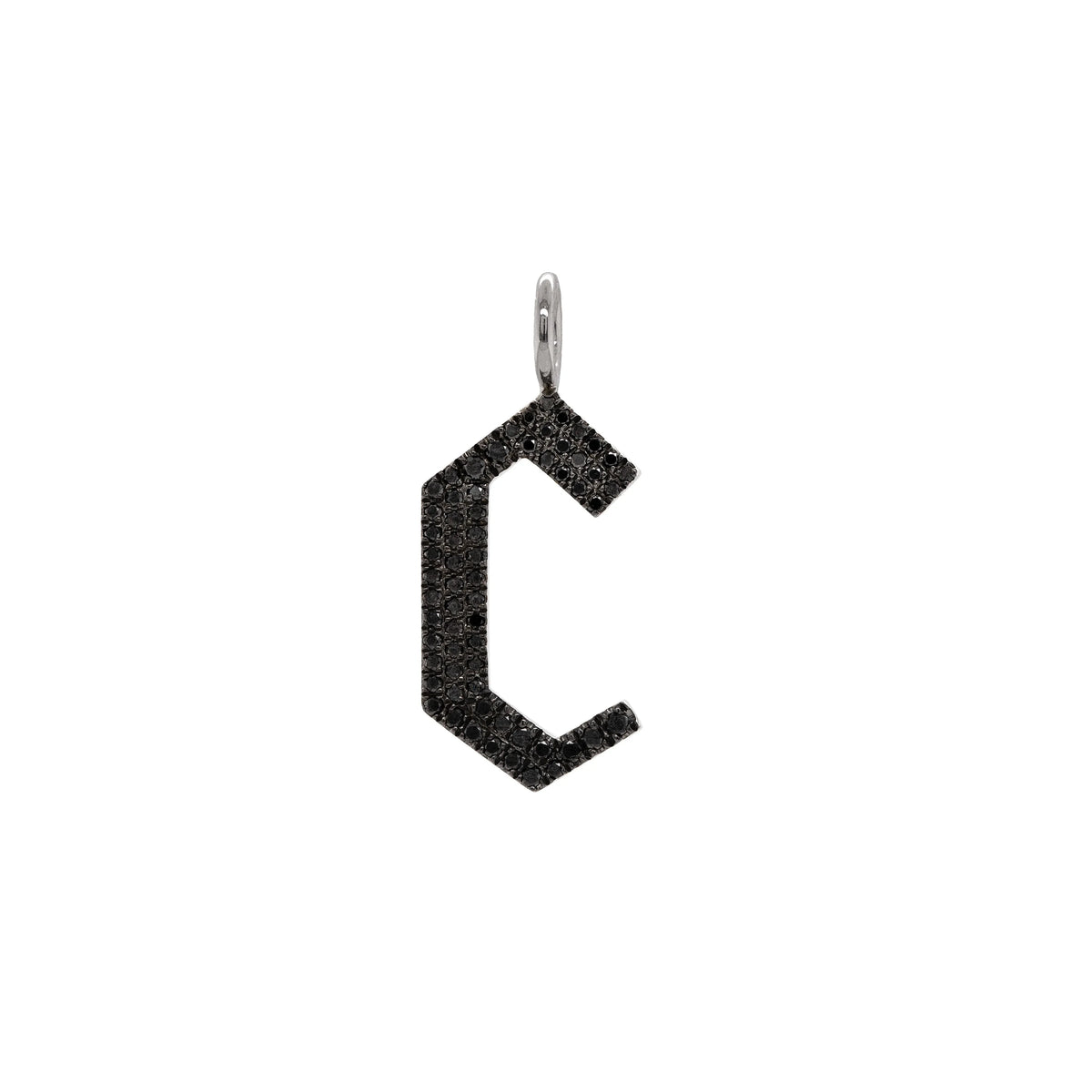 "c" Large Black Diamond Alphabet Pendant: A black gold diamond alphabet pendant with the letter 'c' with a chain