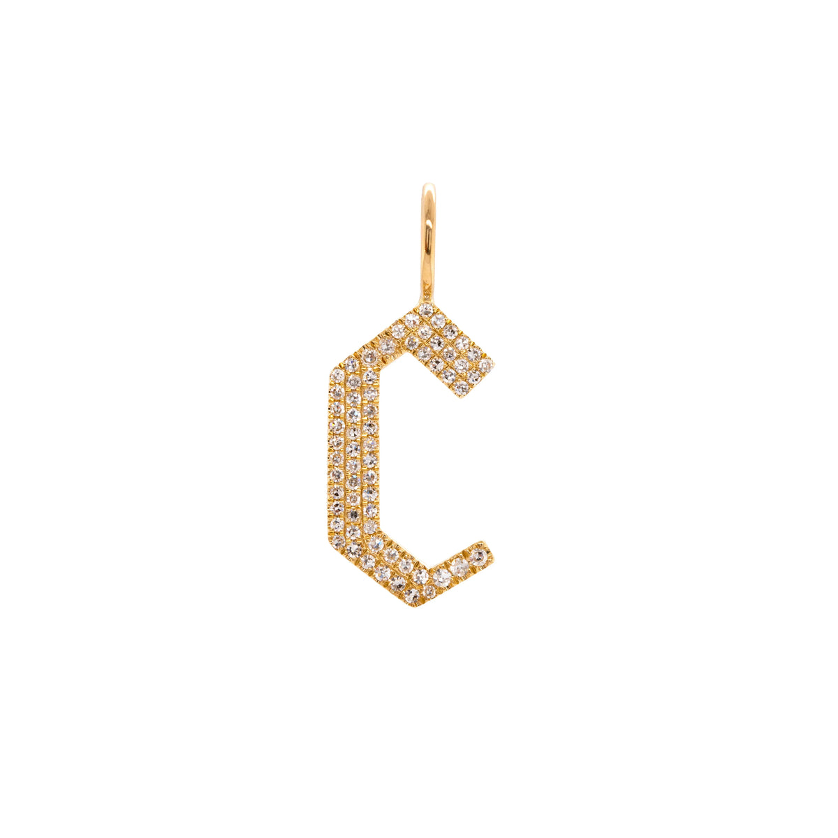 "c" Large White Diamond Alphabet Pendant: A 14K yellow gold diamond alphabet pendant with the letter 'c'