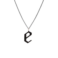 "e" Large Black Diamond Alphabet Necklace: A black gold diamond alphabet pendant with the letter 'e' with a chain