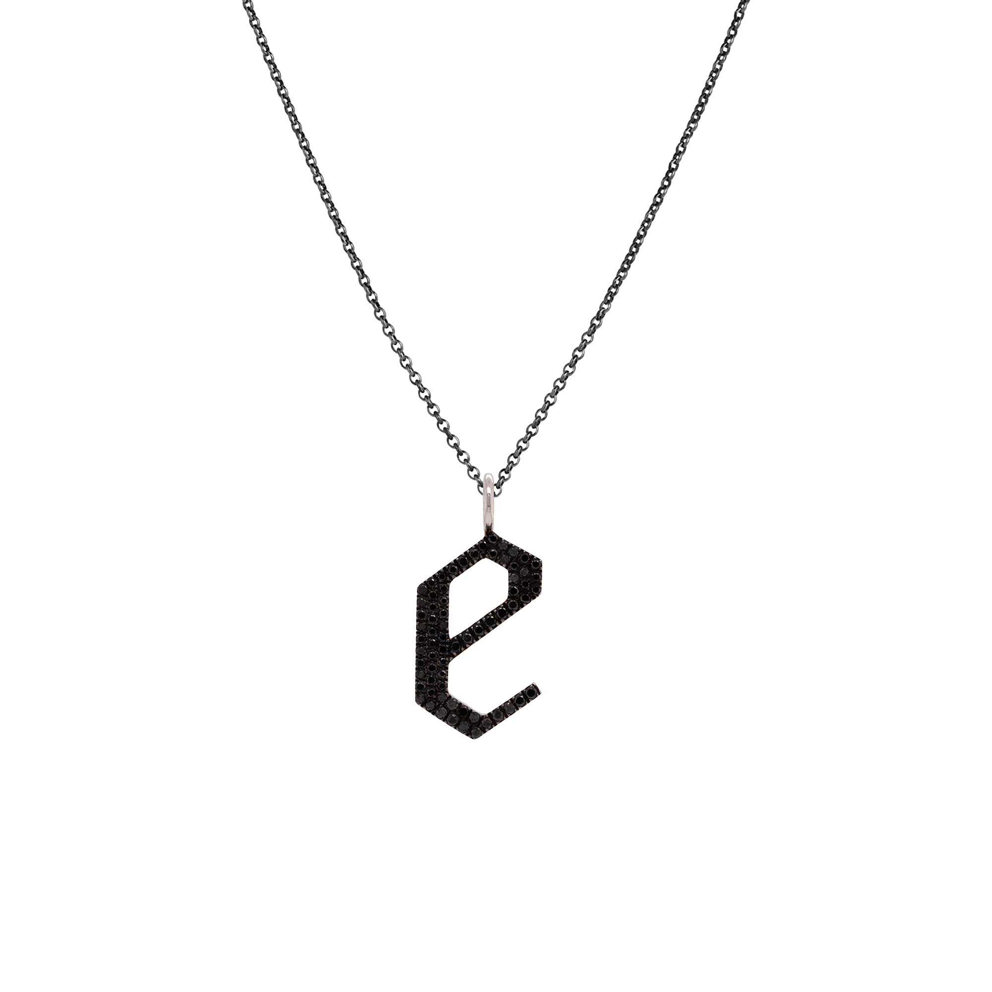 "e" Large Black Diamond Alphabet Necklace: A black gold diamond alphabet pendant with the letter 'e' with a chain