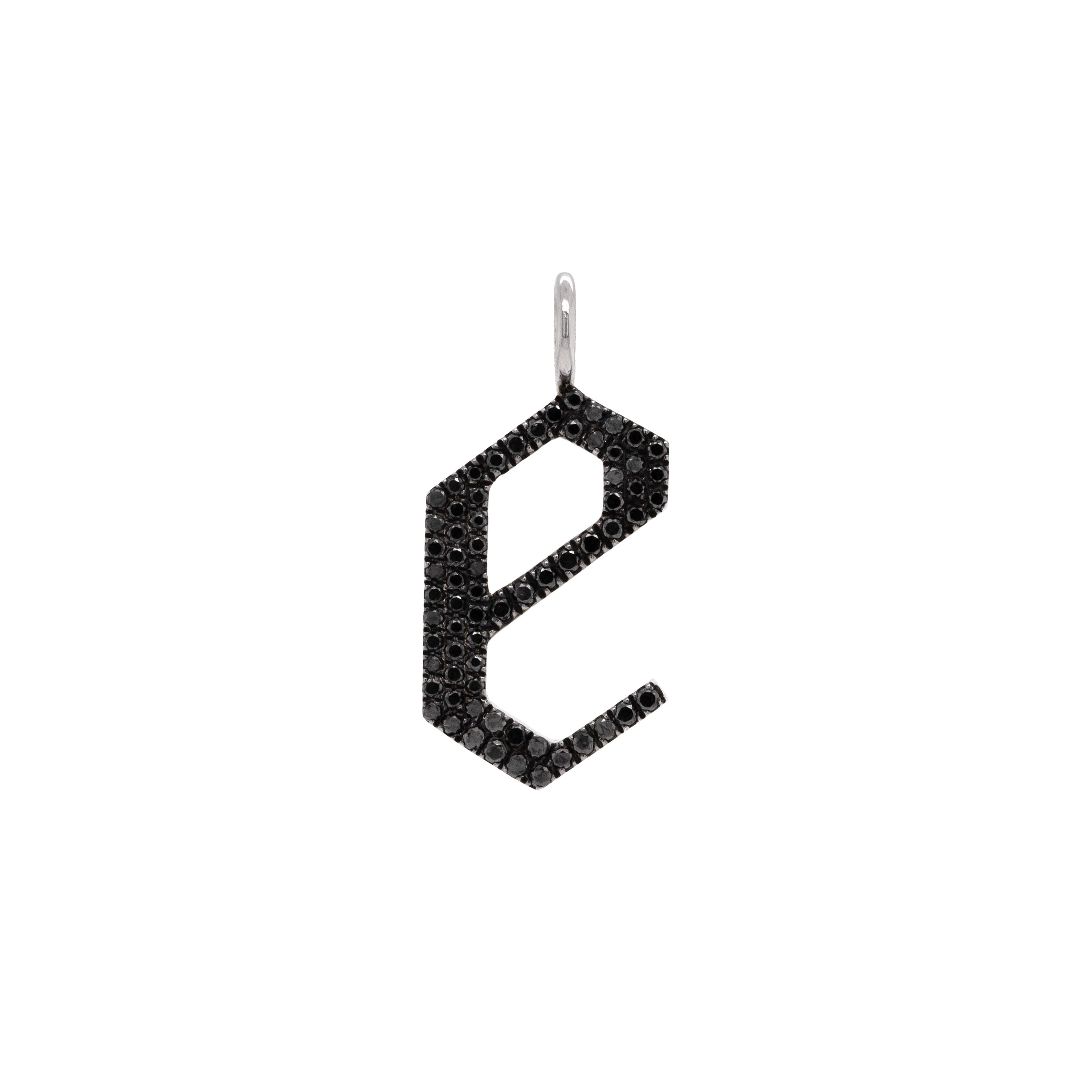 "e" Large Black Diamond Alphabet Pendant: A black gold diamond alphabet pendant with the letter 'e' with a chain